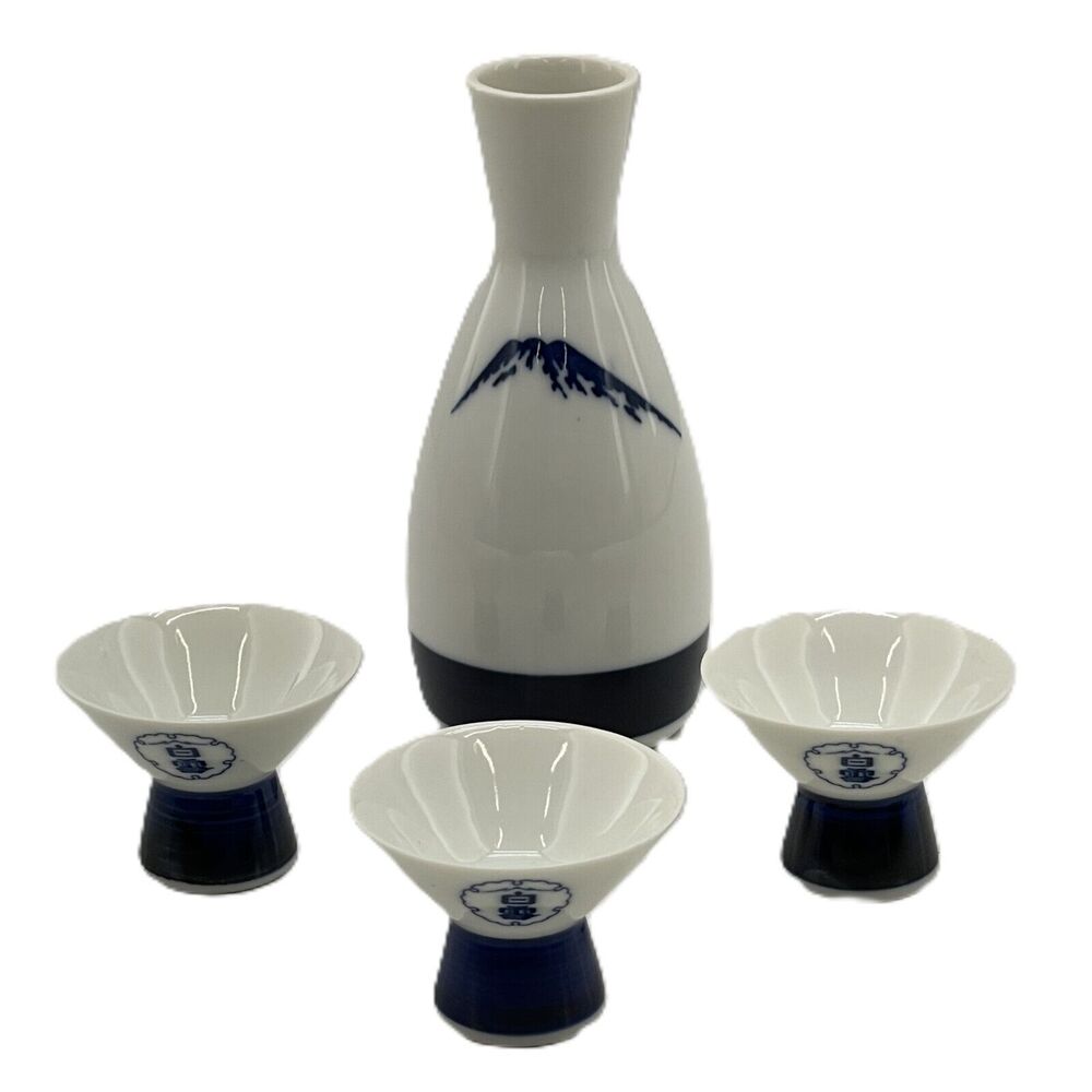 Vintage Japan Shirayuki Sake Set Blue & White Porcelain Carafe & 3 Cups Set